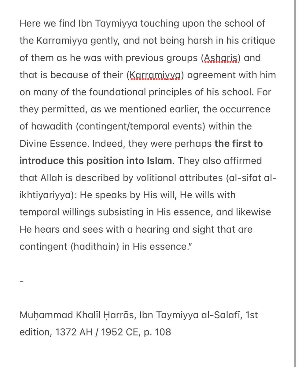 Khalil Harras, major Salafi from Egypt says that Ibn Taymiyyah was very soft when commenting on the Karramiya due to his agreement with them in many areas of aqeedah.

He also mentions the karramiya being the first to produce the doctrine of contingencies occurring within Allah.