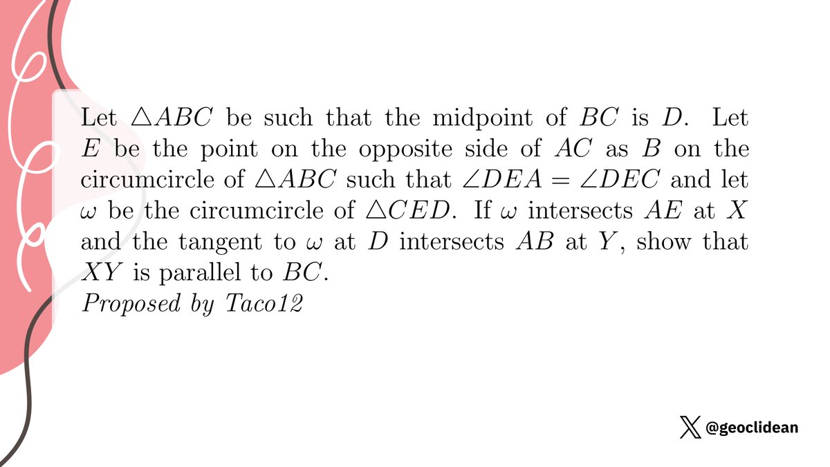 geoclidean's tweet photo. Point on circumcircle with angle condition
#Ommc #Geometry #Circumcircle https://t.co/8gOHDaj5xX