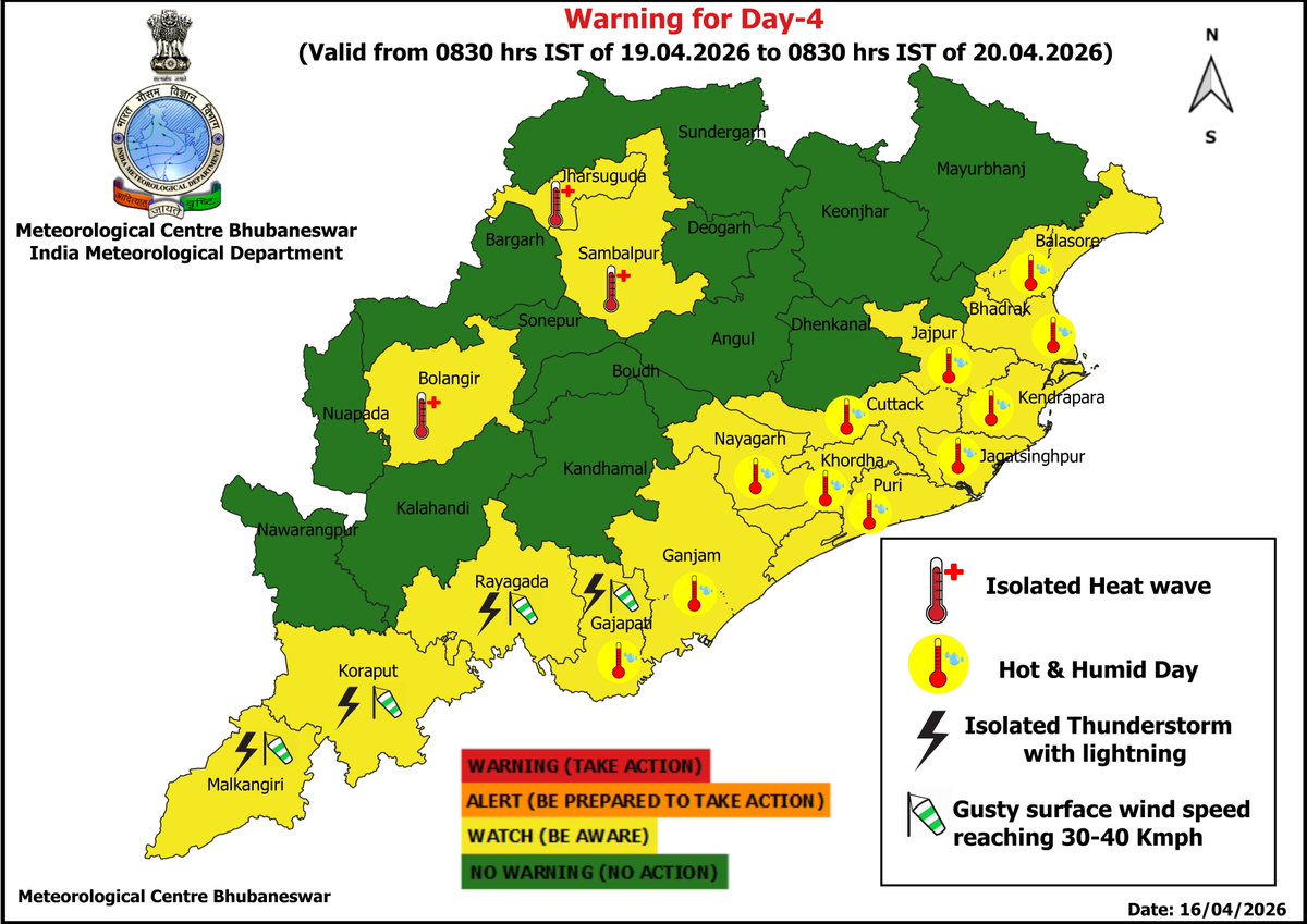 mcbbsr's tweet image. Warning for the State.
Day-1 to Day-7 : Hot and Humid Day Warning.
Day-3 &amp;amp; Day-4 : Heat Wave Warning.
Day-1 to Day-6 : Isolated Thunderstorm, Lightning &amp;amp; Gusty Wind Warning.
#heatwave #thunder #humid #Warning #Odisha #odishaweather #WeatherUpdate