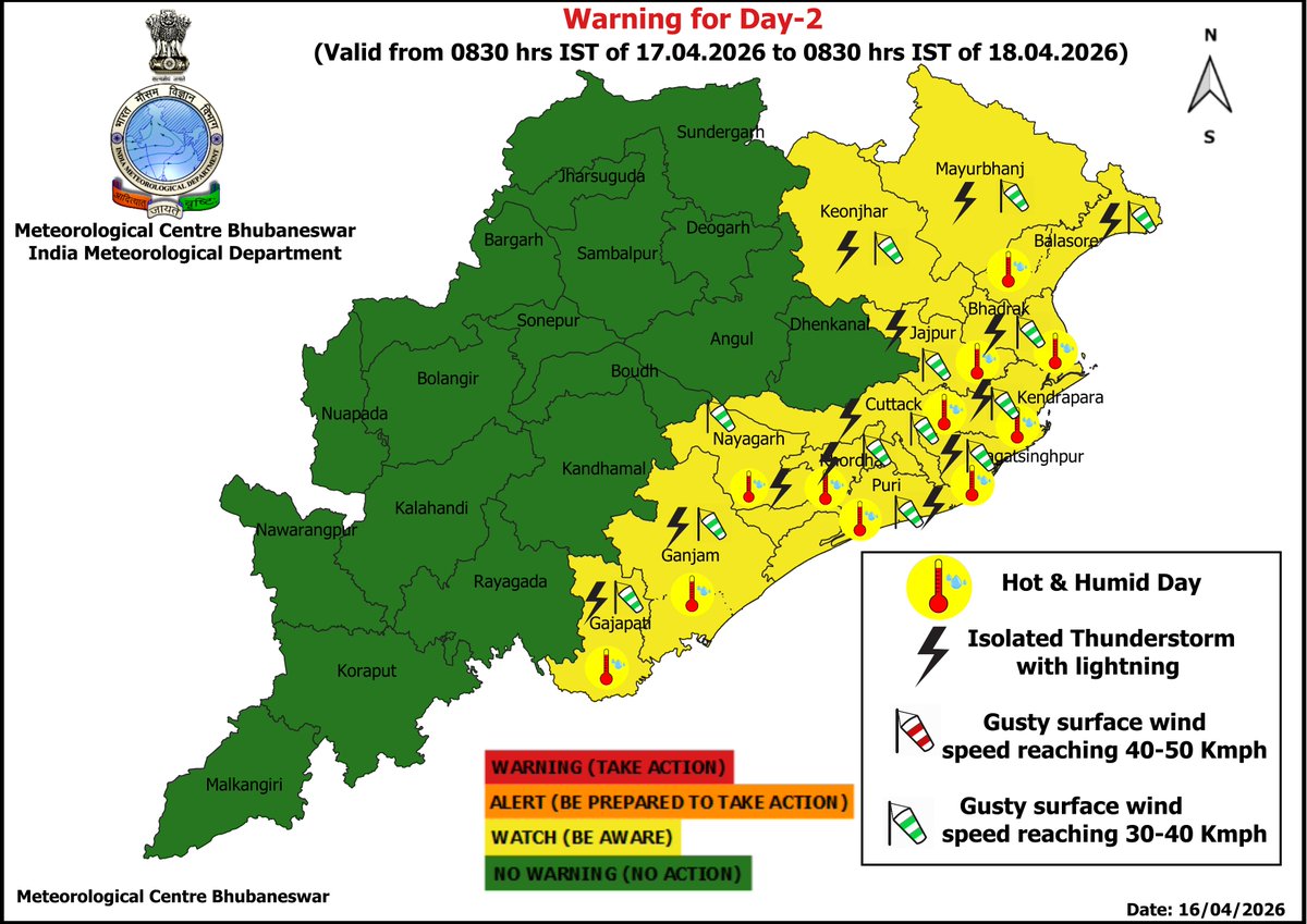 mcbbsr's tweet image. Warning for the State.
Day-1 to Day-7 : Hot and Humid Day Warning.
Day-3 &amp;amp; Day-4 : Heat Wave Warning.
Day-1 to Day-6 : Isolated Thunderstorm, Lightning &amp;amp; Gusty Wind Warning.
#heatwave #thunder #humid #Warning #Odisha #odishaweather #WeatherUpdate