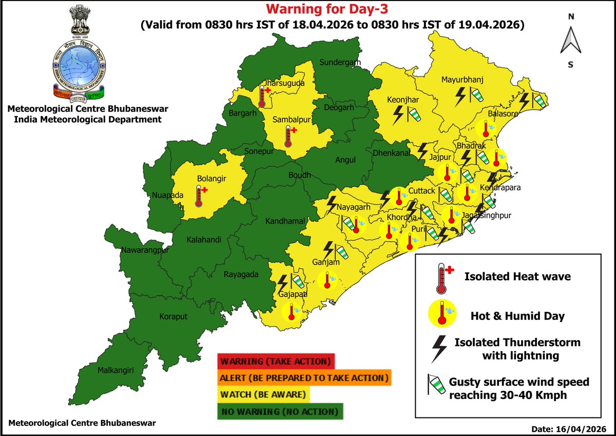 mcbbsr's tweet image. Warning for the State.
Day-1 to Day-7 : Hot and Humid Day Warning.
Day-3 &amp;amp; Day-4 : Heat Wave Warning.
Day-1 to Day-6 : Isolated Thunderstorm, Lightning &amp;amp; Gusty Wind Warning.
#heatwave #thunder #humid #Warning #Odisha #odishaweather #WeatherUpdate