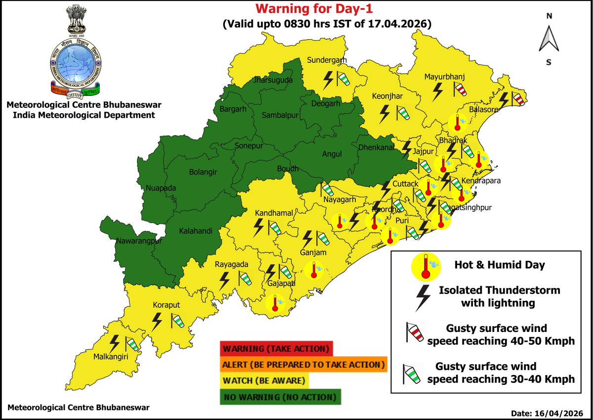 mcbbsr's tweet image. Warning for the State.
Day-1 to Day-7 : Hot and Humid Day Warning.
Day-3 &amp;amp; Day-4 : Heat Wave Warning.
Day-1 to Day-6 : Isolated Thunderstorm, Lightning &amp;amp; Gusty Wind Warning.
#heatwave #thunder #humid #Warning #Odisha #odishaweather #WeatherUpdate