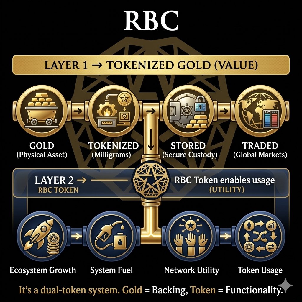 Josephonchainn's tweet photo. So here’s the simple breakdown:

Layer 1 → Tokenized Gold
= Value (backed by real asset)
Layer 2 → RBC Token
= Utility (powers the ecosystem)

The model looks like this:

Gold → Tokenized → Stored → Traded
↓
RBC Token enables usage
It’s a dual-token system. https://t.co/vXWoesYPuH