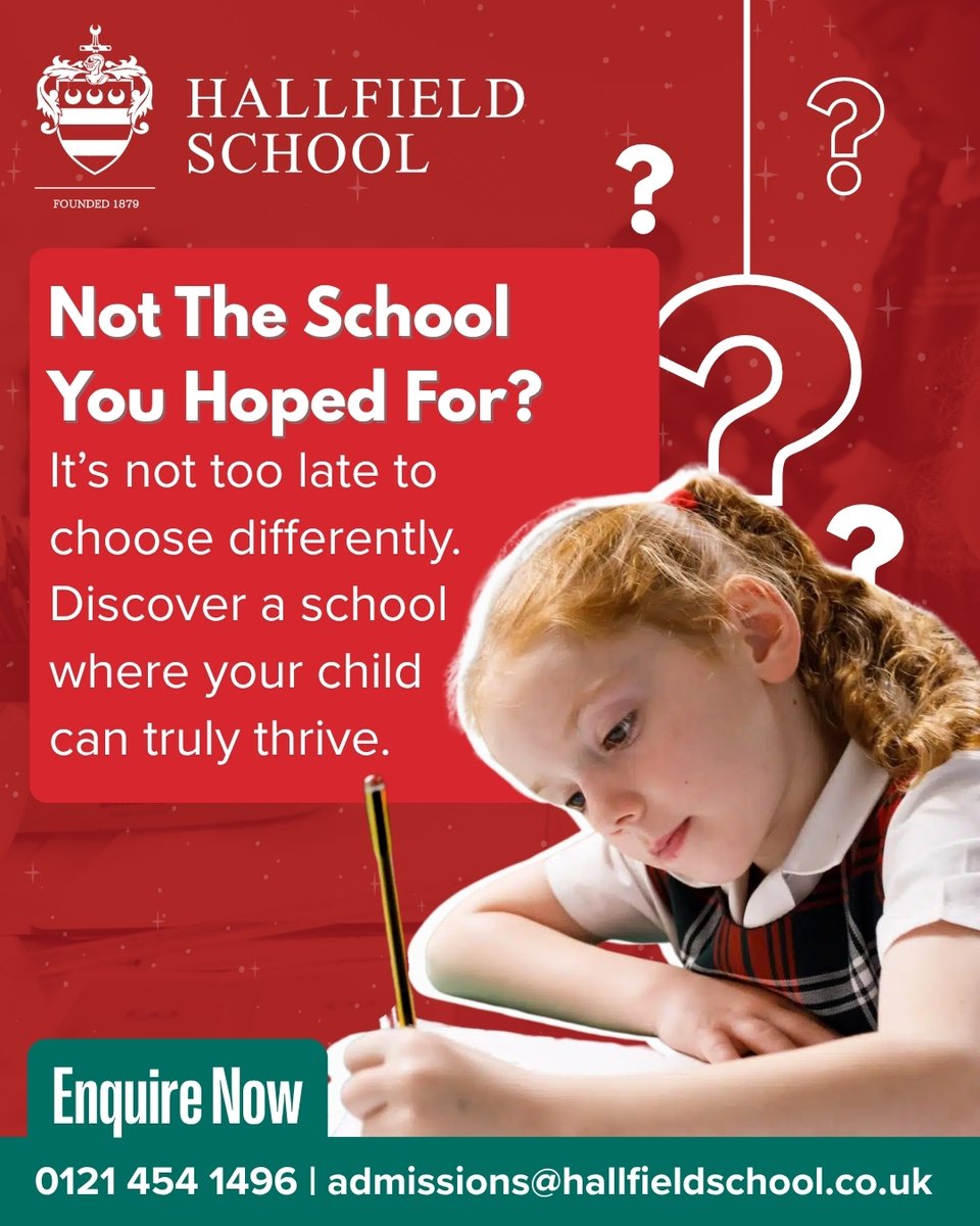 HallfieldSchool's tweet photo. For families considering their next steps today, you still have choices.

At Hallfield School, children benefit from small class sizes, dedicated teaching, and a supportive environment where they can truly flourish.

Get in touch to learn more about current availability, via https://t.co/XzhfGNTwe0 or contact our Admissions Team 0121 454 1496

#Primaryschoolofferday #primaryschool #independentschool #preparatoryschool