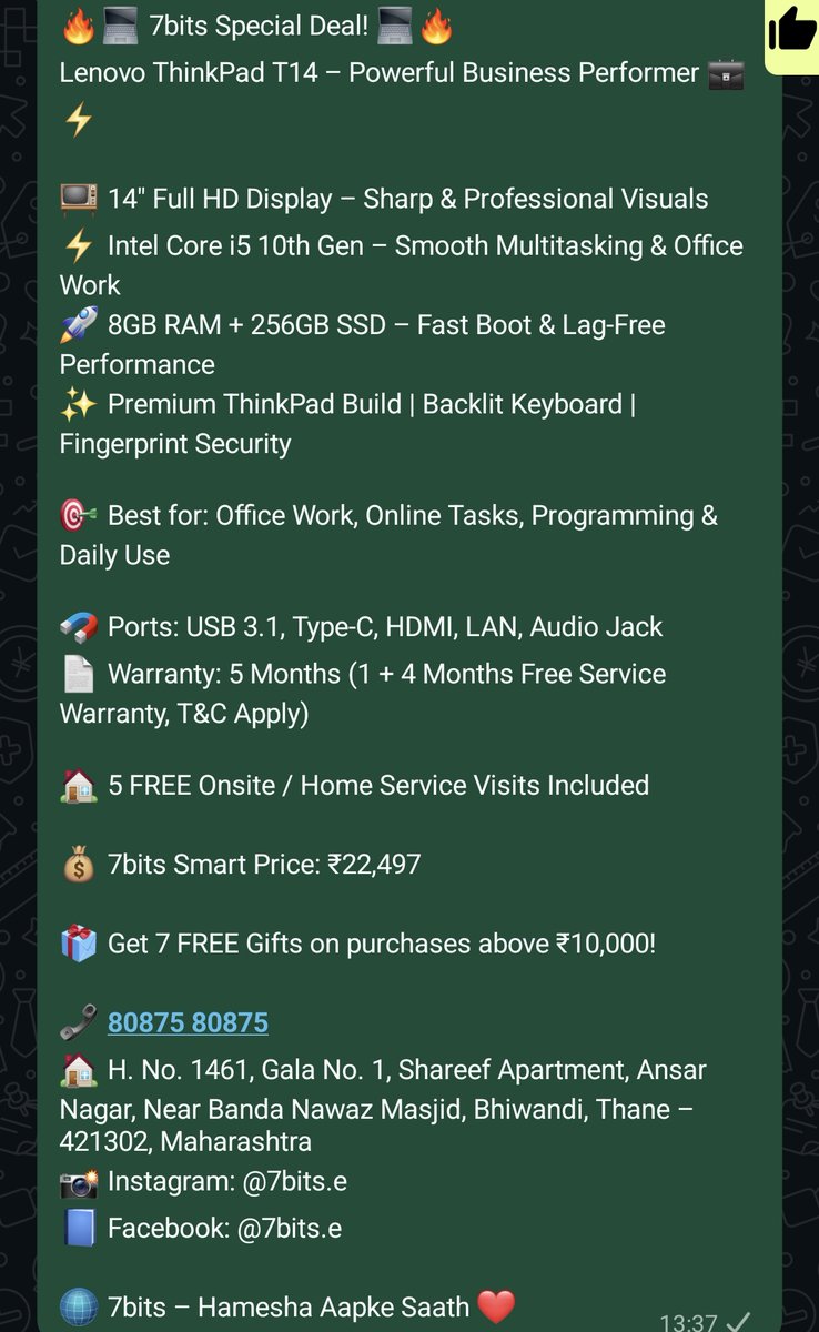 7bits_e's tweet photo. #7bits #7bitselectronics #7bitsbhiwandi #thinkpad #lenovo #businesslaptop #i5laptop #ssdperformance #refurbishedlaptop #budgetlaptop #bhiwandi #thane #mumbai #laptopdeal #officeworklaptop #programminglaptop #studentlaptop https://t.co/j0ZQ7kWO14