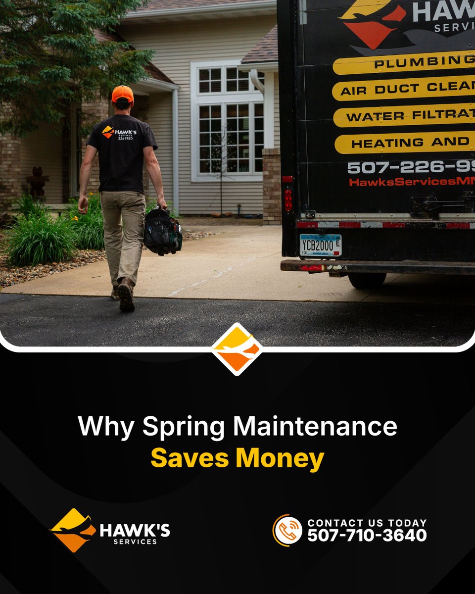 HawksServices's tweet photo. 💡Can #HVAC &amp; #plumbing maintenance lower energy bills? Yes. Regular maintenance keeps systems efficient and reduces strain. Spring tune-ups help lower costs, extend equipment life, and prevent breakdowns. Stay prepared for the seasons with Hawks Services.
📞 507-710-3640 https://t.co/ILjx4VHTW9