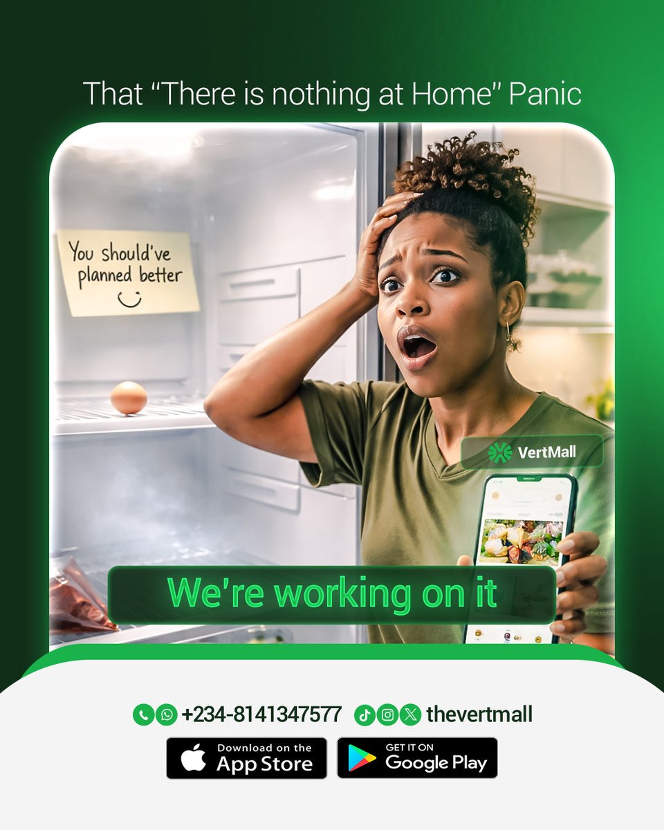 TheVertMall's tweet photo. You open the fridge… and it’s just vibes and confusion 😭
Yeah… we’re fixing that for Umuahia.
Something better is coming , VertMall is coming 🚚
#VertMall #Umuahia #GroceryDelivery https://t.co/W3afHYRAfS
