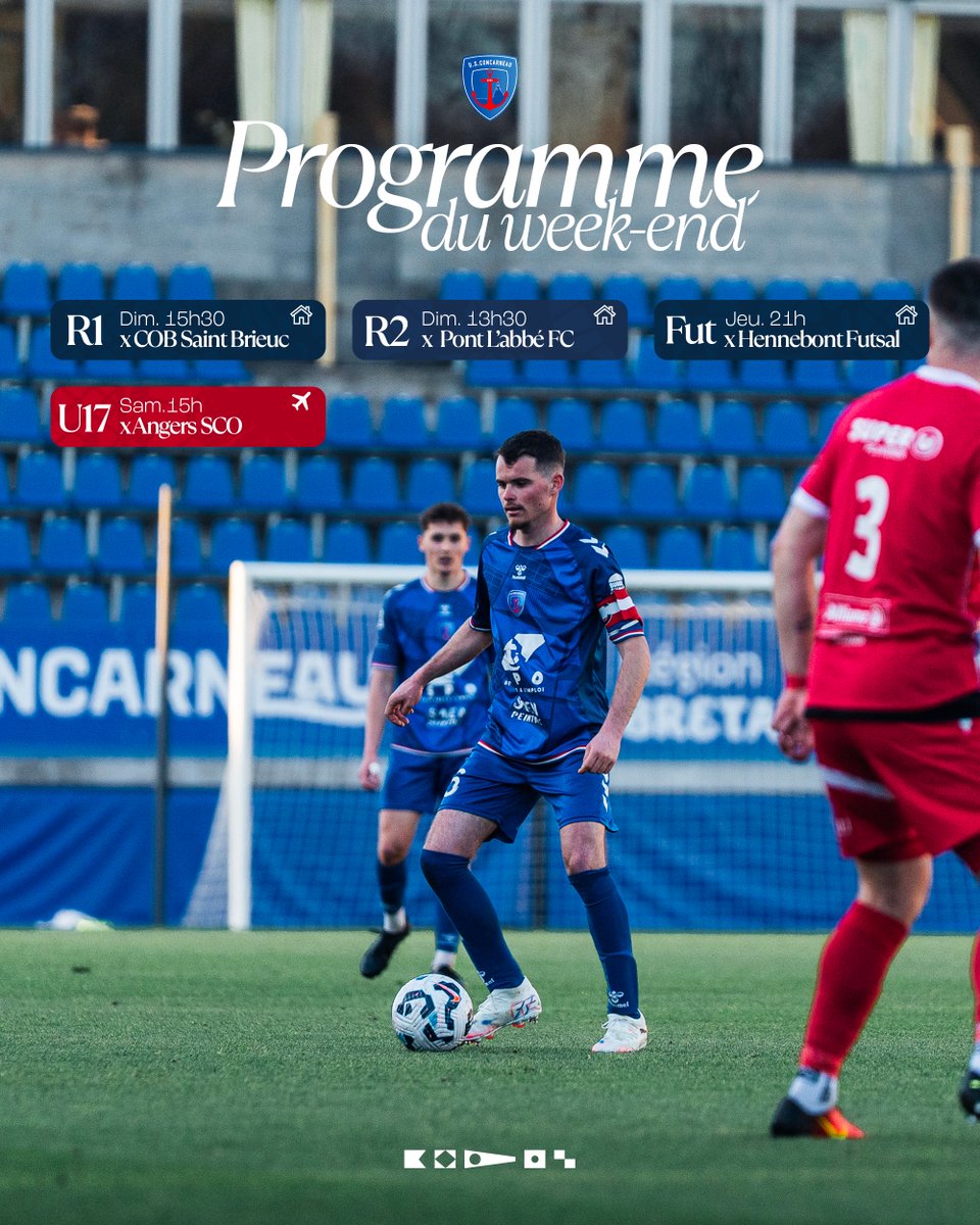 USConcarneau's tweet photo. 📊 Formation | Programme du week-end

👊 Match crucial pour la réserve face au COB Saint-Brieuc
🥅 Dernier match de la saison pour la section futsal https://t.co/S5m45qal4M