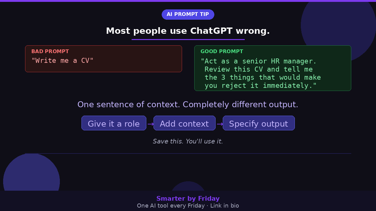 humba1icious's tweet photo. Most people use ChatGPT wrong.

They type a question. Get a vague answer.

Fix: give it a role first.

Instead of: "Write me a CV"
Try: "Act as a senior HR manager. What 3 things would make you reject this CV immediately?"

One sentence. 10x better output.

#AITools #Productivity https://t.co/HcxbHVg6Rt