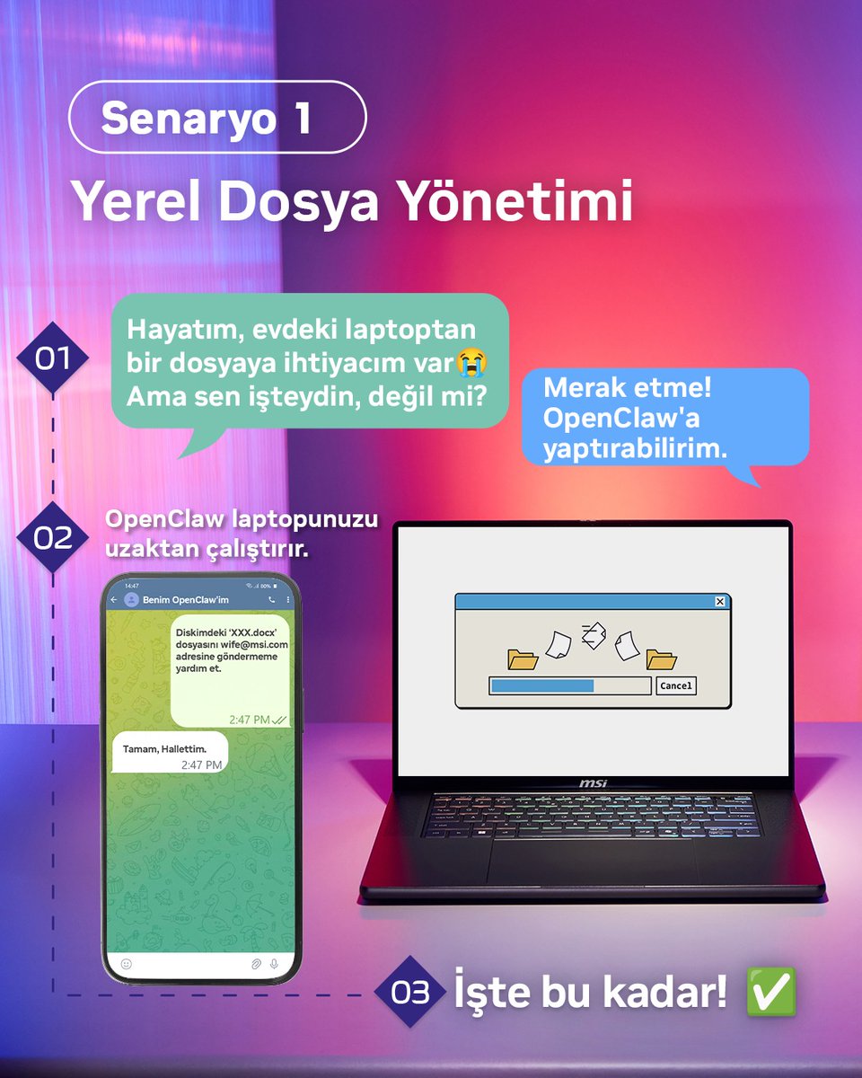 MSITurkiye's tweet photo. MSI dizüstü bilgisayarlarınızı OpenClaw ile akıllı AI ajanlara dönüştürün!
OpenClaw özellikli laptop arıyorsanız aşağıdaki linkten ulaşabilirsiniz;
https://t.co/FFyDeMDtuO
#AIAgent #OpenClaw #Clawbot #AILaptop https://t.co/EOq5YR4zJU
