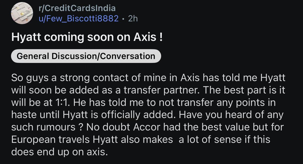 PointsPro's tweet photo. 🚨 Hyatt as a transfer partner for Axis?

Hyatt would be a great addition if this is true.

Hyatt has devalued its chart recently and lesser footprint but still this would be a great value.

Any thoughts on this? Hyatt is coming 🔜 ? https://t.co/nf5kFiG0GQ