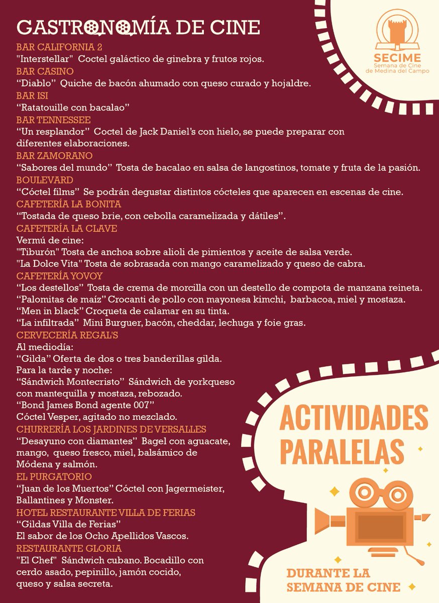 🎬 Gastronomía de Cine 

El cine en Medina del Campo… ¡también se saborea!😍

Durante la  SECIME se podrán disfrutar diferentes elaboraciones en homenaje al universo cinematográfico. 

🎥 ¡Déjate llevar por el mejor cine...y el mejor sabor!

#39secime #SECIME  #MedinadelCampo