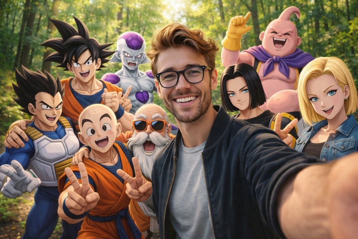 de_mon010's tweet photo. Image created on gpt 1.5 on chat gpt 
Prompt:
Ultra-realistic, cinematic photo of a smiling man taking a selfie surrounded by Dragon Ball Z characters - Goku, Vegeta, Frieza, Krillin, Master Roshi, Android 18, Android 17, and Majin Buu - all posing happily in a bright forest. Warm daylight, natural colors, fun group energy, 8K realism, anime-meets-reality style.