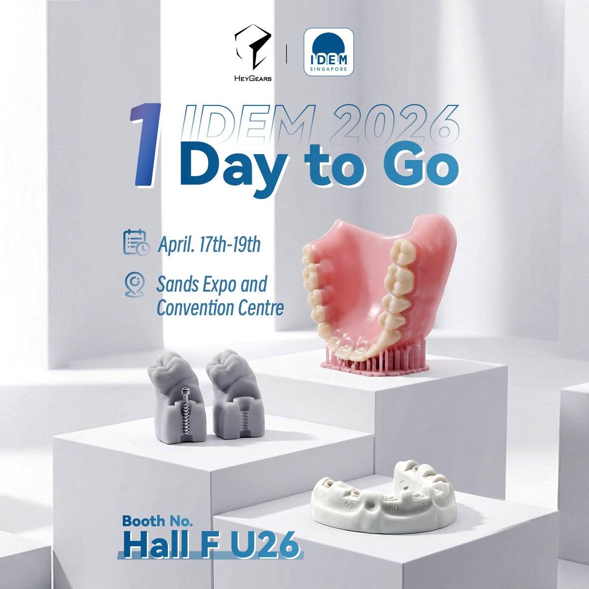 HeyGears3D's tweet image. 1 day to go until #IDEM2026.
Meet HeyGears tomorrow at Hall F, Booth U26 in Singapore to explore automated implant production, denture, and implant applications.
On-site speech: April 17 &amp;amp; 18, 11:00–11:30.
#HeyGears #DigitalDentistry #3DPrinting