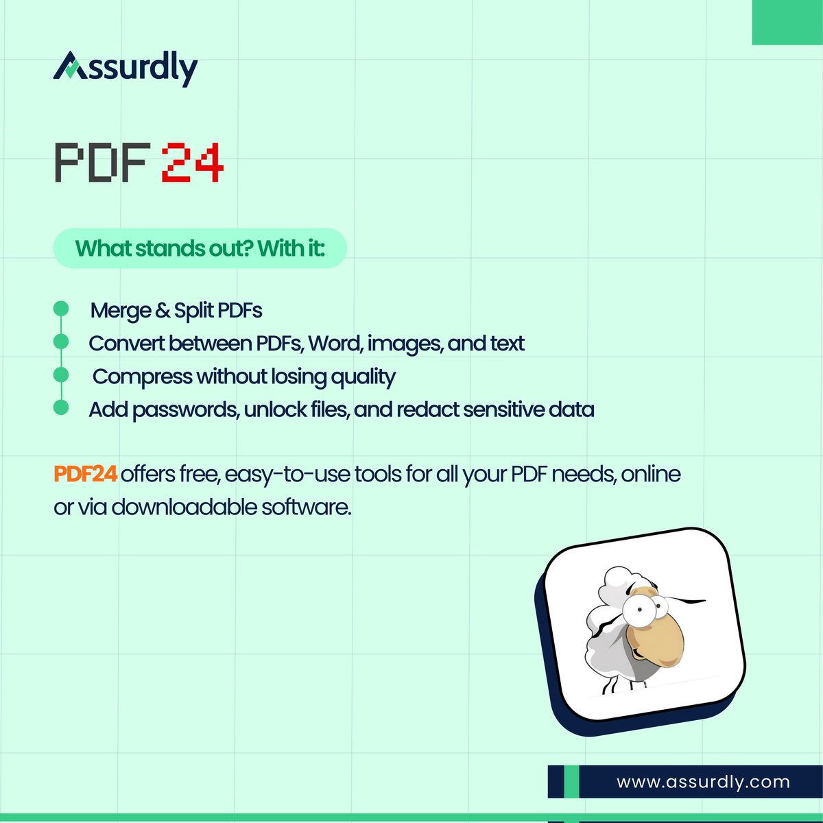 assurdly's tweet image. Merge. Split. Convert. Compress. Secure.

@PDF24 handles your entire PDF workflow for free, with no installation required.

We featured it in our latest newsletter too. Check it out - tinyurl.com/bitsofassuranc…

#PDFTools #PDF24 #ProductivityTools #Assurdly #WorkSmarter