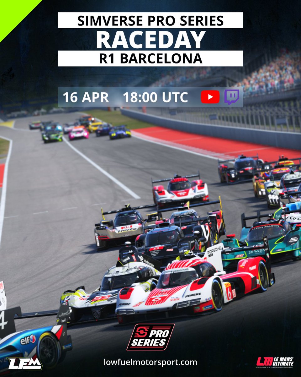 Don't miss round 1 of the <a href="/SimVerseShop/">SimVerse</a> Pro Series at Barcelona. Jump into the stream at 18:00 UTC!
lowfuelmotorsport.com

YouTube : youtube.com/LowFuelMotorsp…
Twitch: EN twitch.tv/lowfuelmotorsp… 
ESP twitch.tv/TopRacingLive

#lowfuelmotorsport #LFM #lemansultimate #LMU #simracing