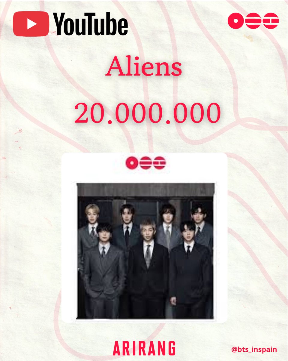 BTS_inSpain2's tweet image. 📹| El audio #Aliens de #BTS ha alcanzado 20 MILLONES de reproducciones en Youtube (20.003.283)! 

¡Sigamos haciendo stream!
20M ✅️ 🔜 50M

🖇youtu.be/EC9_h_elSAY?is…

#BTS_ARİRANG #BTSARİRANG @BTS_twt 
- ⛵️ 🐼