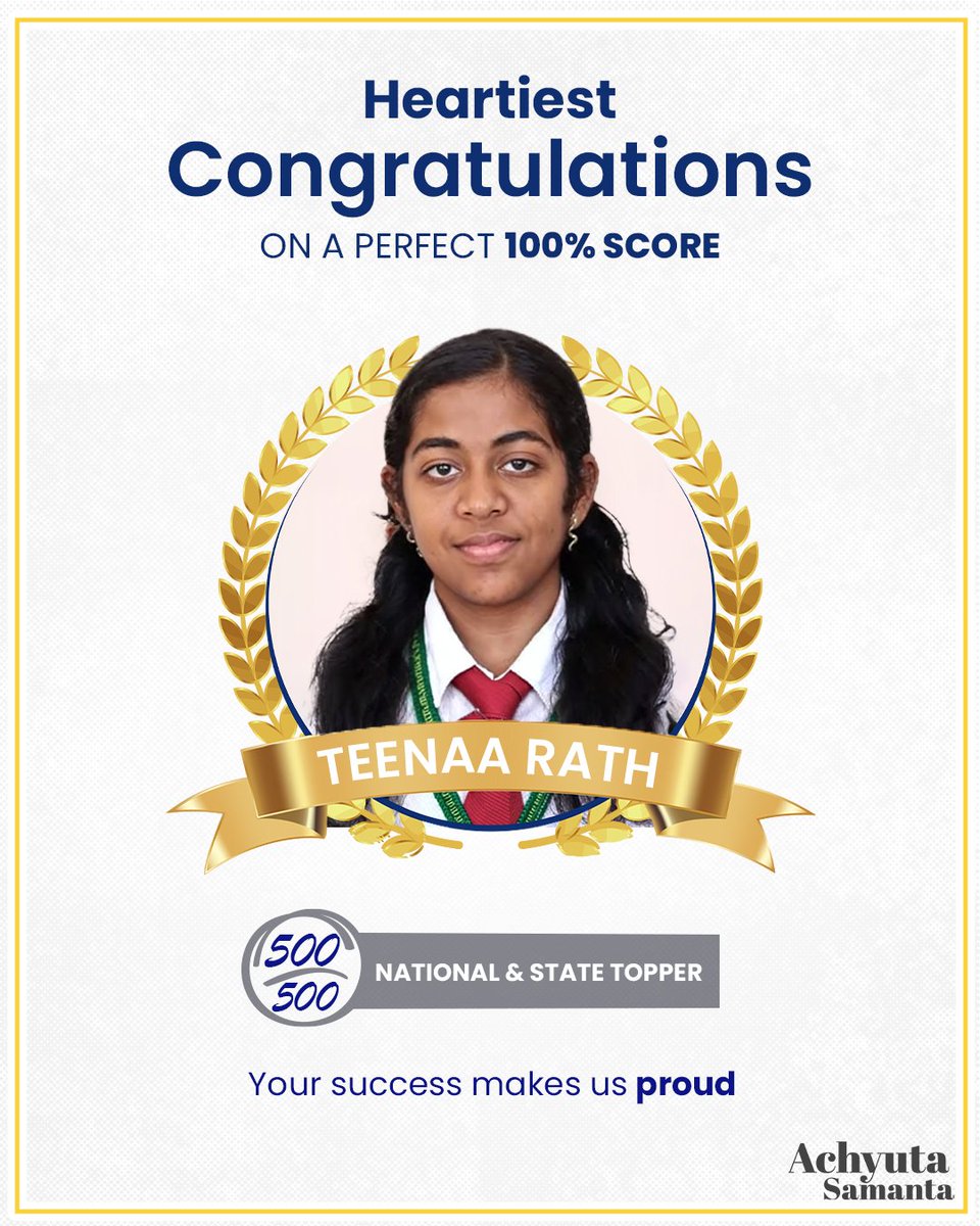Heartiest congratulations to Ms. Teenaa Rath of Mother’s Public School, Puri, for this rare and remarkable achievement in the CBSE Grade X 2025–26 results.

Scoring 500 out of 500 and becoming the National and State Topper is a matter of great happiness for Odisha. This success