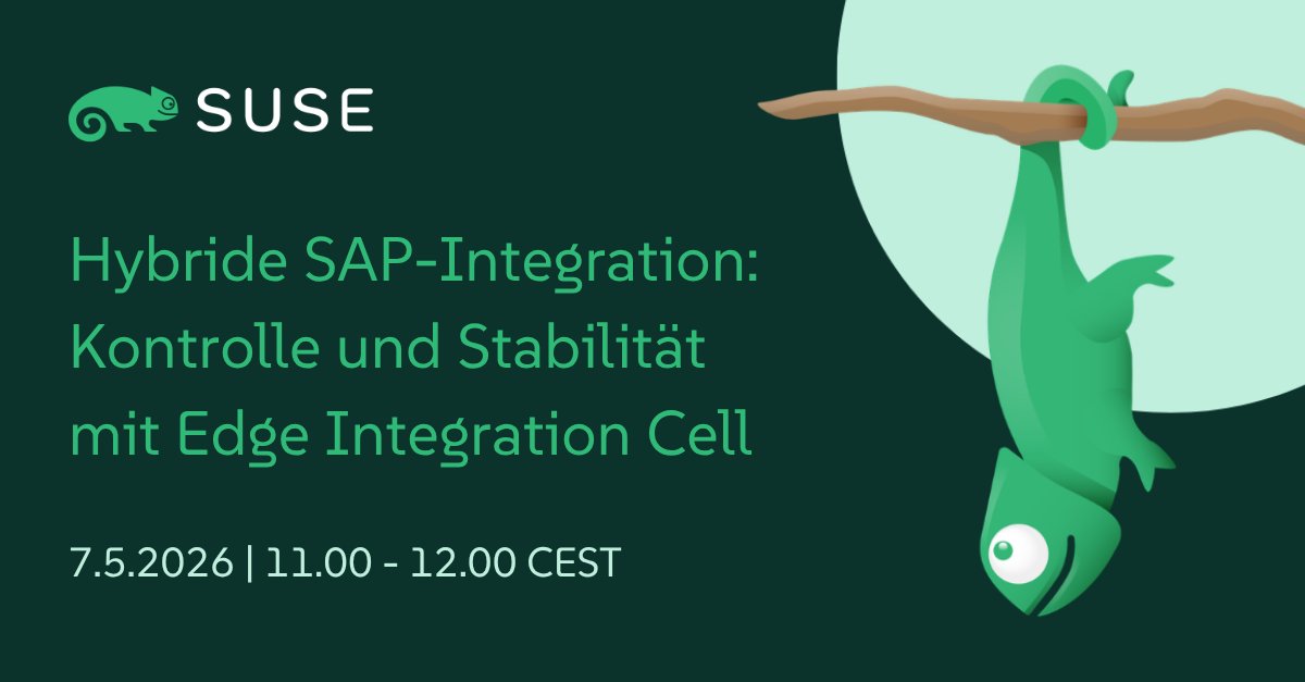 SUSE_DACH's tweet photo. Migration in die Cloud, aber die Datenhoheit behalten? 🛡️ Das geht! Erfahren Sie im Webcast von #SUSE &amp; #cbs, wie die SAP Edge Integration Cell Ihre On-Premises-Daten sicher anbindet.
📅 07.05. | 11:00 Uhr 🔗 Anmeldung: https://t.co/sZ7kGN5nFF
#SAP #HybridCloud #Datenhoheit https://t.co/tmllWkaHF4