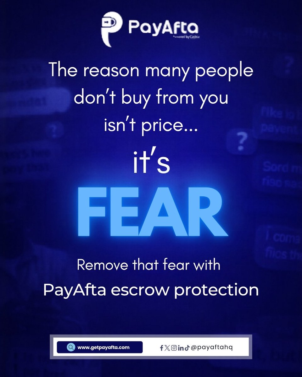 PayAftaHQ's tweet photo. PayAfta escrow helps you avoid losing customers who hesitate because of trust issues when paying online, buyers pay with confidence knowing their payment is secured and protected by PayAfta. Stop losing sales because of trust issues.
https://t.co/RCEcR5lvVA https://t.co/REpOXbVKvD