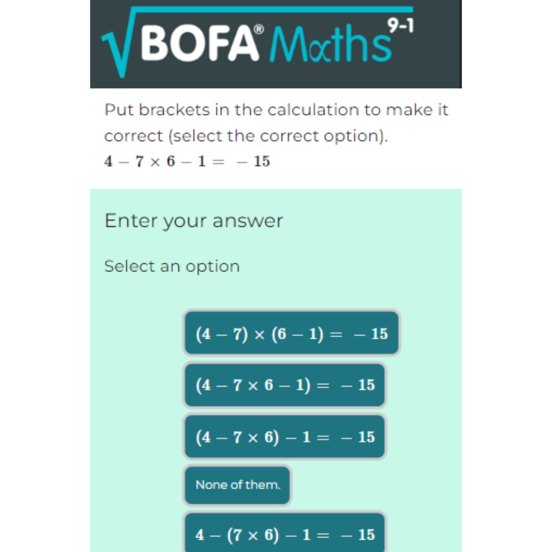 PlanetBOFA's tweet image. Today in our GCSE Maths series we explain how to complete a level 4 number question about BODMAS/BIDMAS.
BOFAmaths is a #GCSEmaths resource, ideal as a revision tool in the run up to exams. To take a full demo test head to bofamaths.co.uk/tests/adaptive…
#maths #gcsemaths #mathsrevision