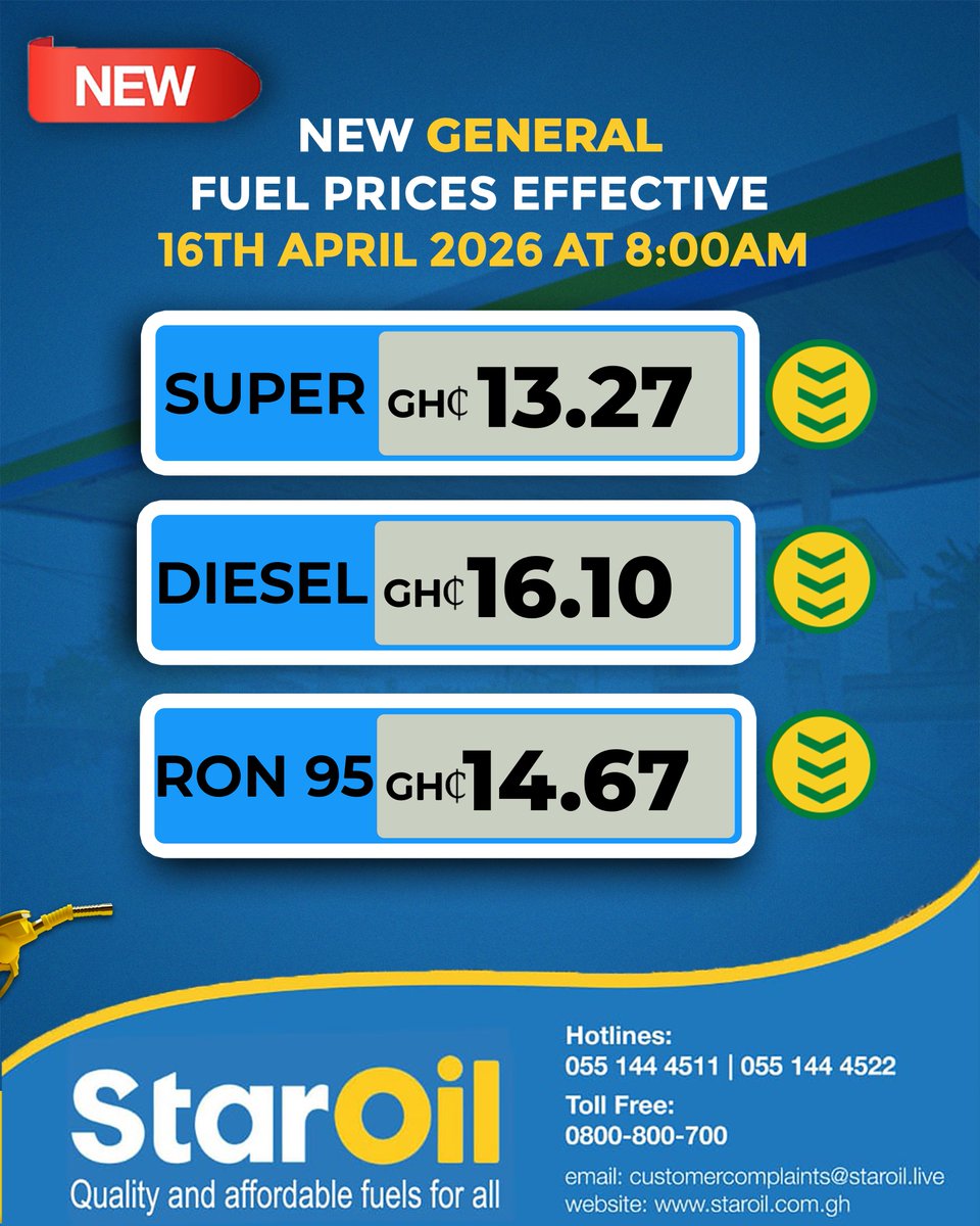 staroilghana's tweet image. Dear Starsavers,

Kindly take note of our revised general fuel prices effective 16th April 2026 at 8:00 AM.

More value at the pump, with prices aligned to the current floor prices and the same quality you trust.

Keep saving with StarOil.

#EveryDropCounts 
#QualityYouCanAfford