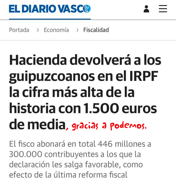 PodemosEuskadi_'s tweet photo. Todo esto, no hay que olvidar, gracias a Podemos Euskadi, que en el acuerdo fiscal introdujo importantes beneficios para la ciudadanía de cara a esta Campaña de la Renta, especialmente para las rentas bajas.

Para eso estamos en política, para mejorar la vida de la gente 👋👋👋👋 https://t.co/Ku90kIDmCA