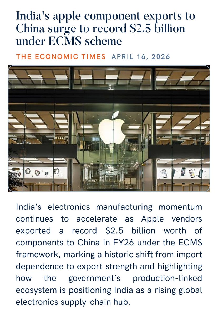 zahidpatka's tweet image. Kudos PM @narendramodi Ji Govt
#MakeInIndia #MakeForWorld 
INDIA TO BE GLOBAL ELECTRONICS MANUFACTURING HUB 
India's apple component exports to China surge to record $2.5 billion under ECMS scheme
Projections indicate $3.5 bn by the end of FY
economictimes.indiatimes.com/industry/cons-…
@PMOIndia