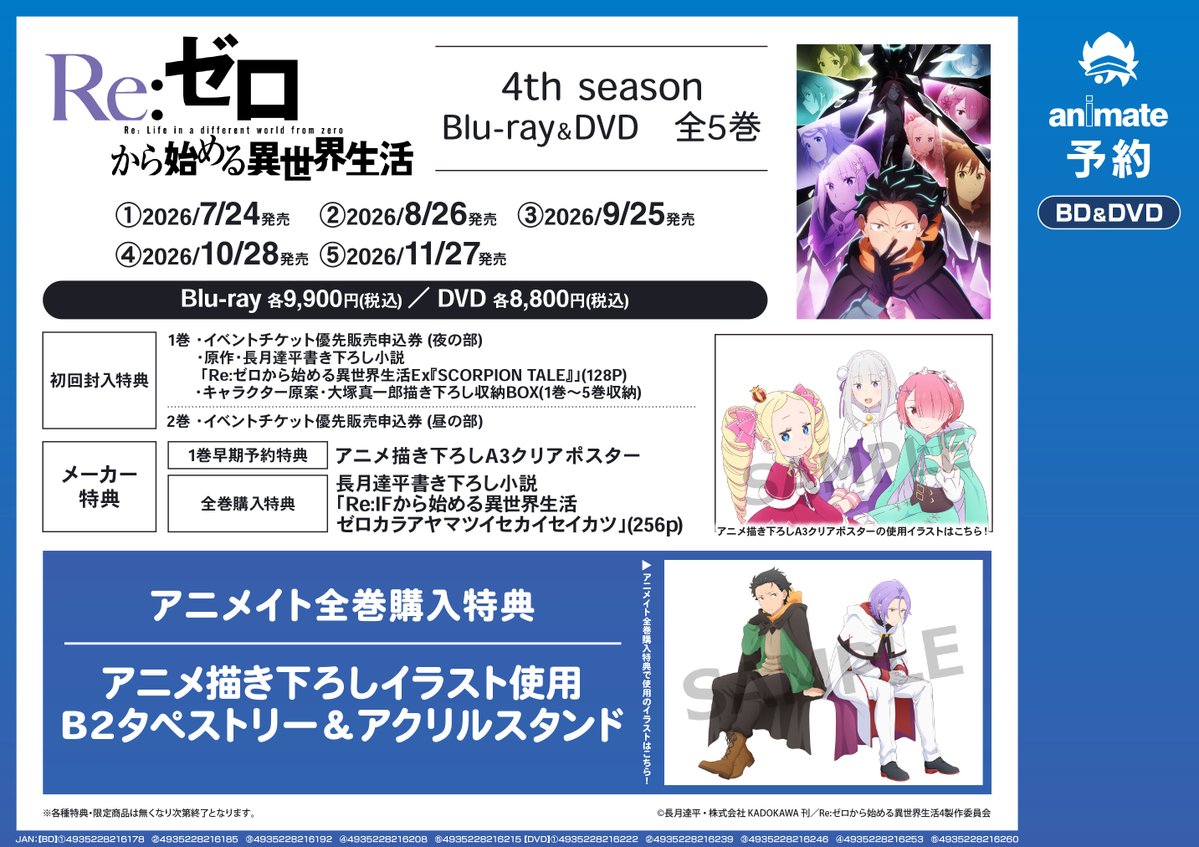 animatekanazawa's tweet image. 【予約情報】
Blu-ray&amp;amp;DVD
TV Re:ゼロから始める異世界生活 4th season 1
📢7/24 発売
ご予約受付中ですカナ

🎁アニメイト全巻購入特典
B2タペストリー&amp;amp;アクリルスタンド

🎁メーカー特典
✅全巻：書き下ろし小説
✅１巻：A3クリアポスター

#リゼロ
🔽バーコード簡単予約🔽
animate-onlineshop.jp/pd/3444889/