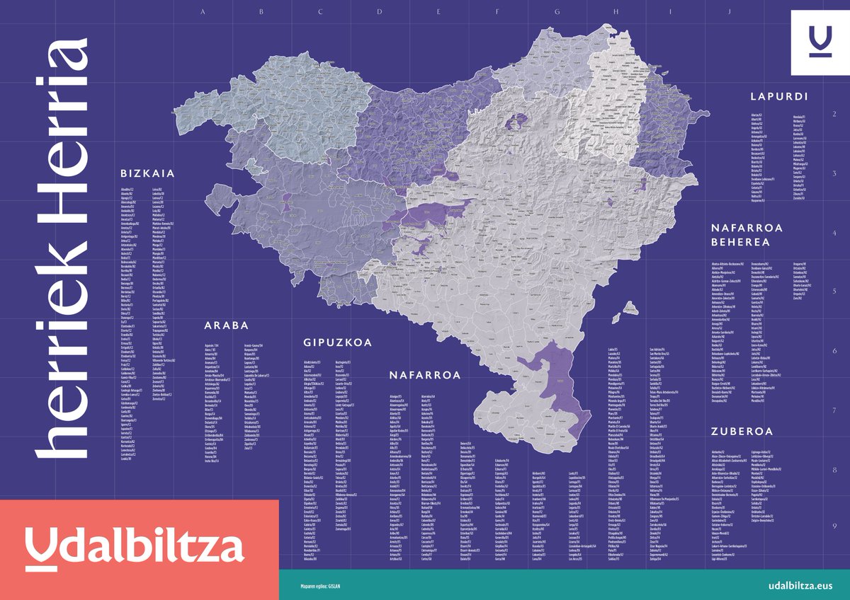 EUSKAL HERRIKO UDALERRIEN MAPA

Udalbiltzak duela 10 urte sortutako mapa honen diseinu berria egin du.
Bertan Euskal Herria osatzen duten udalerri guztiak ageri dira, bai geografikoki kokatuta, baita zerrendatuta ere.

Naiz dendan duzue eskuragarri: denda.naiz.eus/es/
