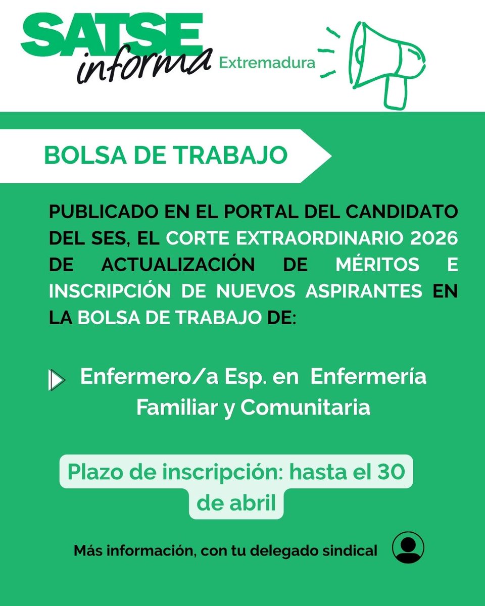 📢Publicado el corte extraordinario de actualización de valoración de méritos e inscripción de nuevos aspirantes en la Bolsa de Trabajo:

✅ Enfermero/a Esp. en Enfer. Familiar y Comunitaria

Inscripciones hasta el 30 de abril

➕ info, en el área privada

area-privada.satse.es/services/job-o…