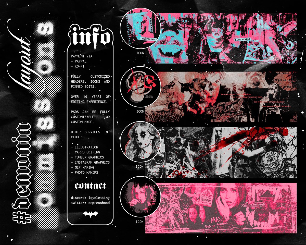 / hello again !!! updated my commission examples sheet 🖤 all info found here , if interested feel free to dm me or message me on discord ! you would be supporting me tons , prices start at 18 USD for a full layout !