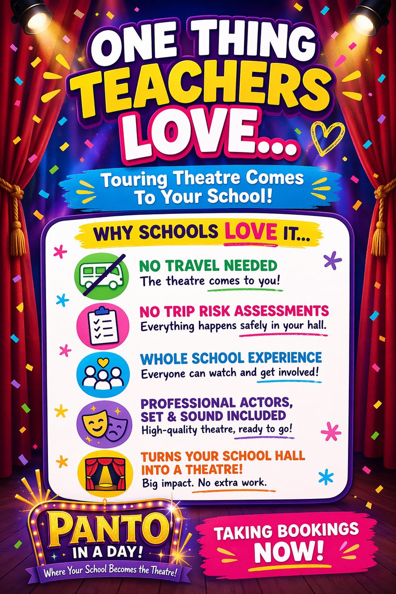 🎭 Why do teachers and schools love us?
🚫 No travel needed.
👨‍👩‍👧‍👦 Whole school experience.
🎬 Professional actors, set and sound.
🏫 Your school becomes the theatre – right in your own hall!✨ Big laughs, colourful costumes, and unforgettable memories for the children.