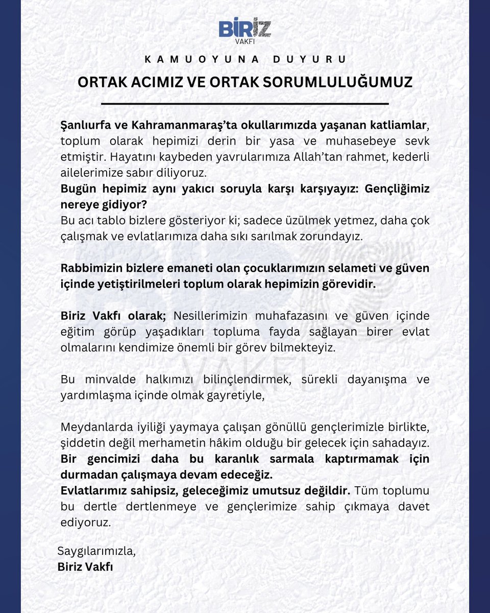 OkurDer's tweet photo. Kamuoyuna Duyuru:
 Ortak Acımız ve Ortak Sorumluluğumuz

Şanlıurfa ve Kahramanmaraş’ta okullarımızda yaşanan katliamlar, toplum olarak hepimizi derin bir yasa ve muhasebeye sevk etmiştir. Hayatını kaybeden yavrularımıza Allah’tan rahmet, kederli ailelerimize sabır diliyoruz. https://t.co/PT5wNjeeRU