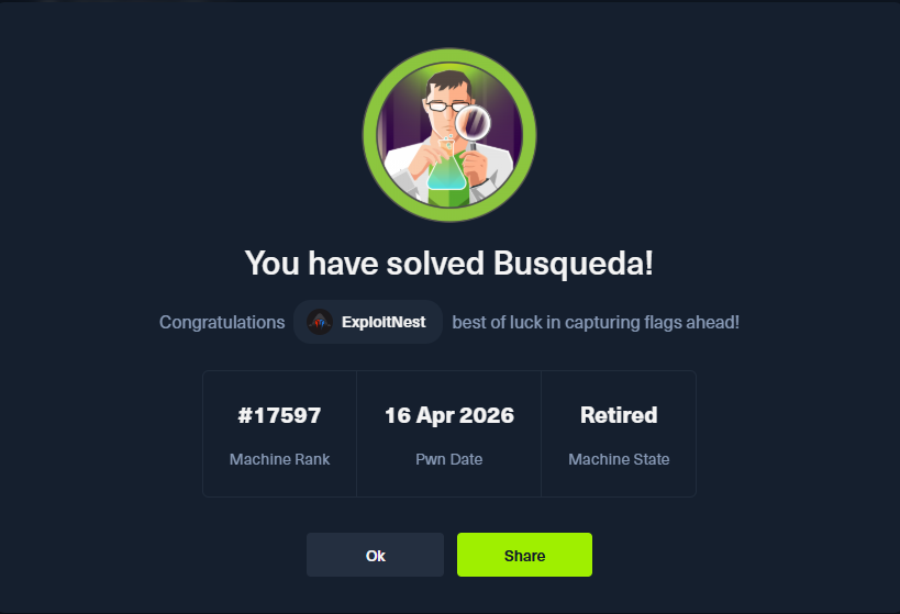 ExploitNest's tweet photo. Just solved — Busqueda🔥 

🔥 Learned a lot while going through enumeration, exploitation, and post-exploitation. Every step pushed me to think deeper and stay patient. 

 #VAPT #EthicalHacking #RedTeam #InfoSec #CyberSecurityJourney https://t.co/m6ccCYDjMW