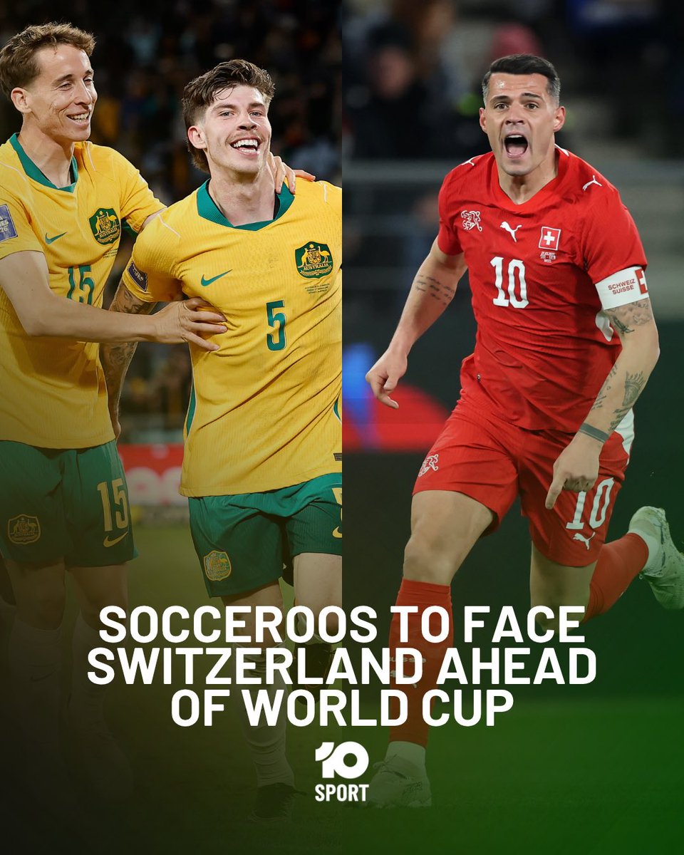 10SportAU's tweet photo. REVEALED: The Socceroos will face Switzerland in their final tune-up ahead of the FIFA World Cup.

The Aussies will take on Granit Xhaka and the Swiss on June 6 in San Diego in their final match before their tournament opener against Türkiye on June 13. https://t.co/vDJHkkPbAb