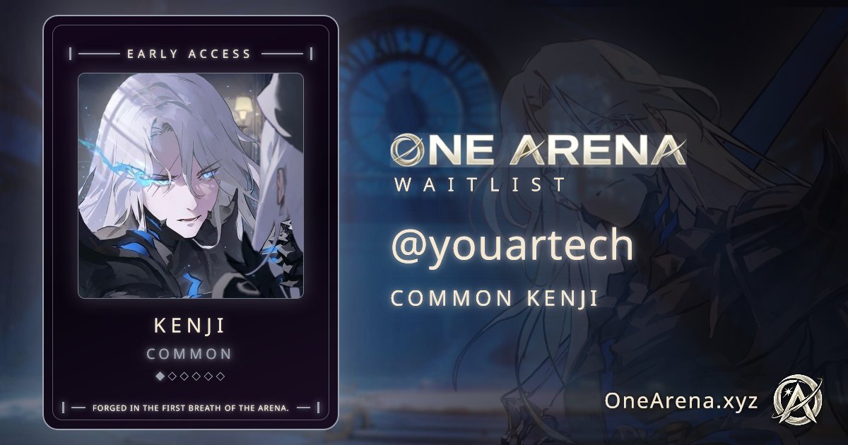 Youartech's tweet photo. Just pulled a COMMON KENJI badge from registering the waitlist for One Arena @Rosentica!

Can't wait to battle and win more grails with my RWA cards!

See you in the Arena ⚜️
#OneArena #Rosentica
https://t.co/9qXgNVyrYl https://t.co/WjLPzc3kso