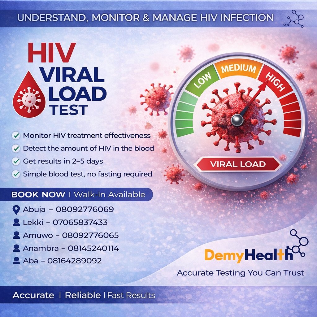 DEMYHEALTH's tweet image. Know your HIV Viral Load.

 Take control of your health.
✔ Monitor treatment
✔ Detect virus levels
✔ Results in 2–5 days

📍 Available at DemyHealth centers nationwide
#HIVAwareness #ViralLoad #DemyHealth