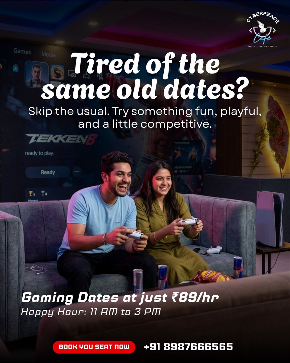 cyberpeacecafe's tweet photo. Level up your date game. 
Skip the usual and turn your time together into something fun, exciting, and a little competitive. 

Happy Hour: 11 AM – 3 PM
Book your seat now! 📞 +91 8987666565

#GamingDate #PlayTogether #CyberPeaceCafe #Level7Ranchi #CyberPeace☮️ https://t.co/DcdycEhGXc