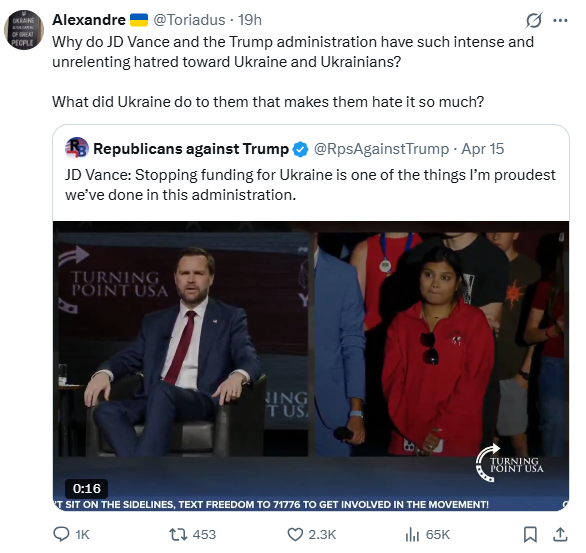 The answer is simple: people with power think that everyone who they consider beneath them have to obey. They get furious when somebody refuses to obey and fights back. JD &amp; Trump don't hate Ukraine in particular. They hate the idea of "subjects" resisting "the power".