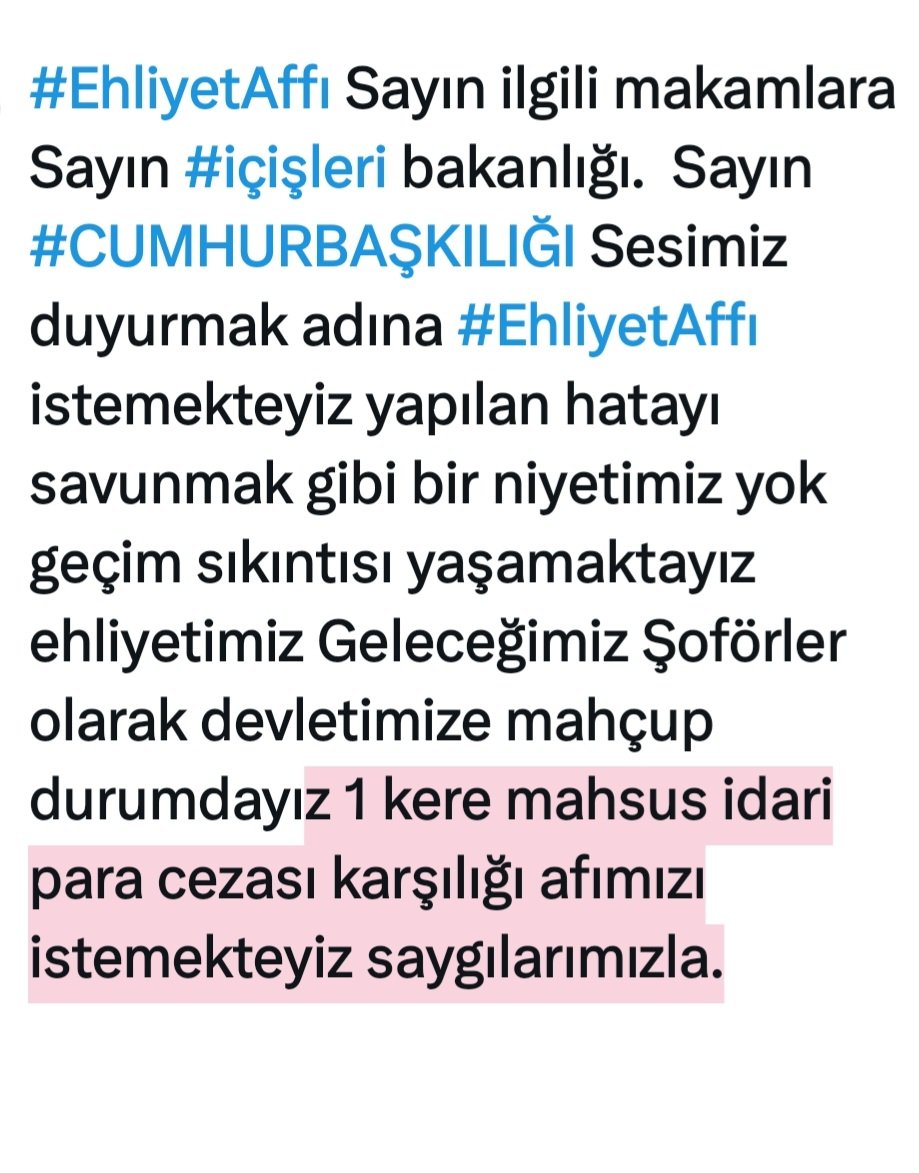 28NİSAN TBMMDEYİZ
#ŞoföreUmutOl  
Bizlere umut olun perişan olduk bir defaya mahsus sürelerde indirime gidilmesi veya İdari para cezası karşılığı af uygulanması daha hayırlı sonuçlar elde edilecektir