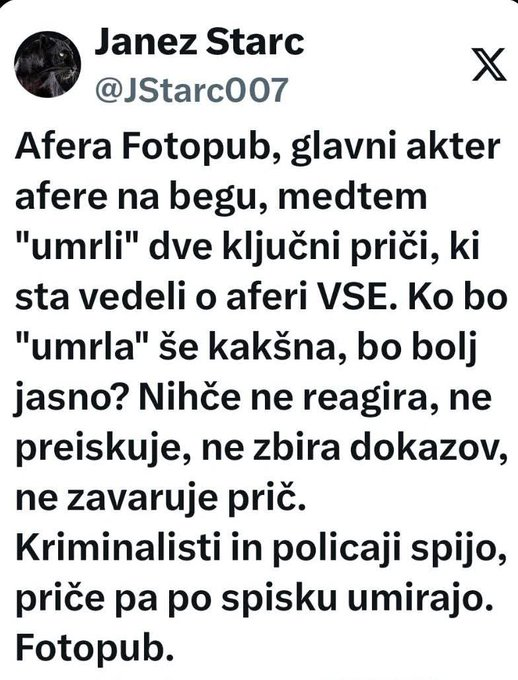 KragelNadja's tweet photo. ''Kriminalisti in policija spijo, priče v levičarski aferi FOTOPUB pa po spisku umirajo.'' Kdo še verjame, da sta dve ključni priči, ki sta vedeli vse, umrli po naključju? #Smodej #Levica #LukaMesec #AstaVrečko #Abramović #Epstein #NikaKovač #Čeferin Kaj vedo oni,kar javnost ne? https://t.co/mufTtNrFhI