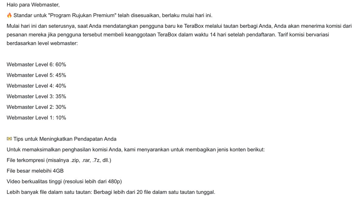 TeraBoxID_Pro's tweet photo. Pengumuman Penyesuaian untuk "Premium Referral Plan" dan "Program Pengguna Baru"

Silakan periksa standar terbaru di sini: https://t.co/269Sc9c7O6

Terima kasih atas dukungan berkelanjutan Anda. 
Tim TeraBox https://t.co/q43CQZdjuB