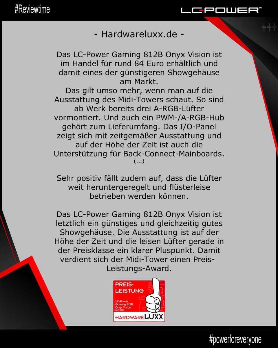 lcpower_germany's tweet photo. #Reviewtime

Als einer der ersten Seiten hat @hardwareluxx_de unser neues Gaming-Gehäuse 812B Onyx Vision getestet.

Zum #Review:
https://t.co/wzbk1AYNlH

Wir bedanken uns bei HardwareLuxx für das positive #Review! 🙏

#lcpower #powerforeveryone #gaming #gamingcase https://t.co/bf25uspUIW