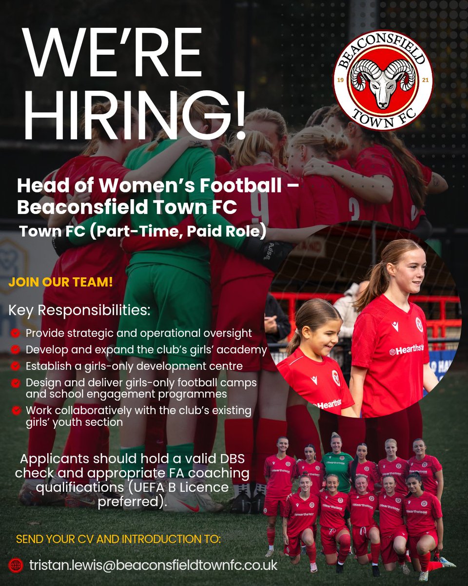 📝 Beaconsfield Town FC is seeking to appoint an ambitious and driven Head of Women’s Football to lead and develop the club’s women’s and girls’ programme. This is a part-time, paid position with the potential to evolve into a full-time role as the programme grows.

 This