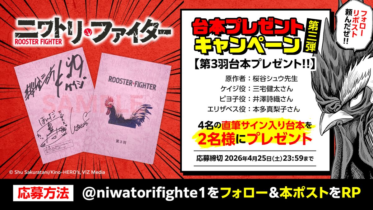 niwatorifighte1's tweet photo. 🐔―――――
　　TVアニメ『ニワトリ・ファイター』
　　第3羽台本プレゼントキャンペーン🔥
　　　　　　　　　　　　　　―――――🐔

原作者 #桜谷シュウ 先生、ケイジ役 #三宅健太 さん
ピヨ子役 #井澤詩織 さん、エリザベス役 #本多真梨子 さん
4名の直筆サイン入り第3羽台本を2名様にプレゼント✨

[応募方法]
①@niwatorifighte1をフォロー
②本ポストをRP

[応募期間]
2026年4月25日（土）23:59まで

▼注意事項
https://t.co/wtqr0lDrfQ

#ニワトリファイター