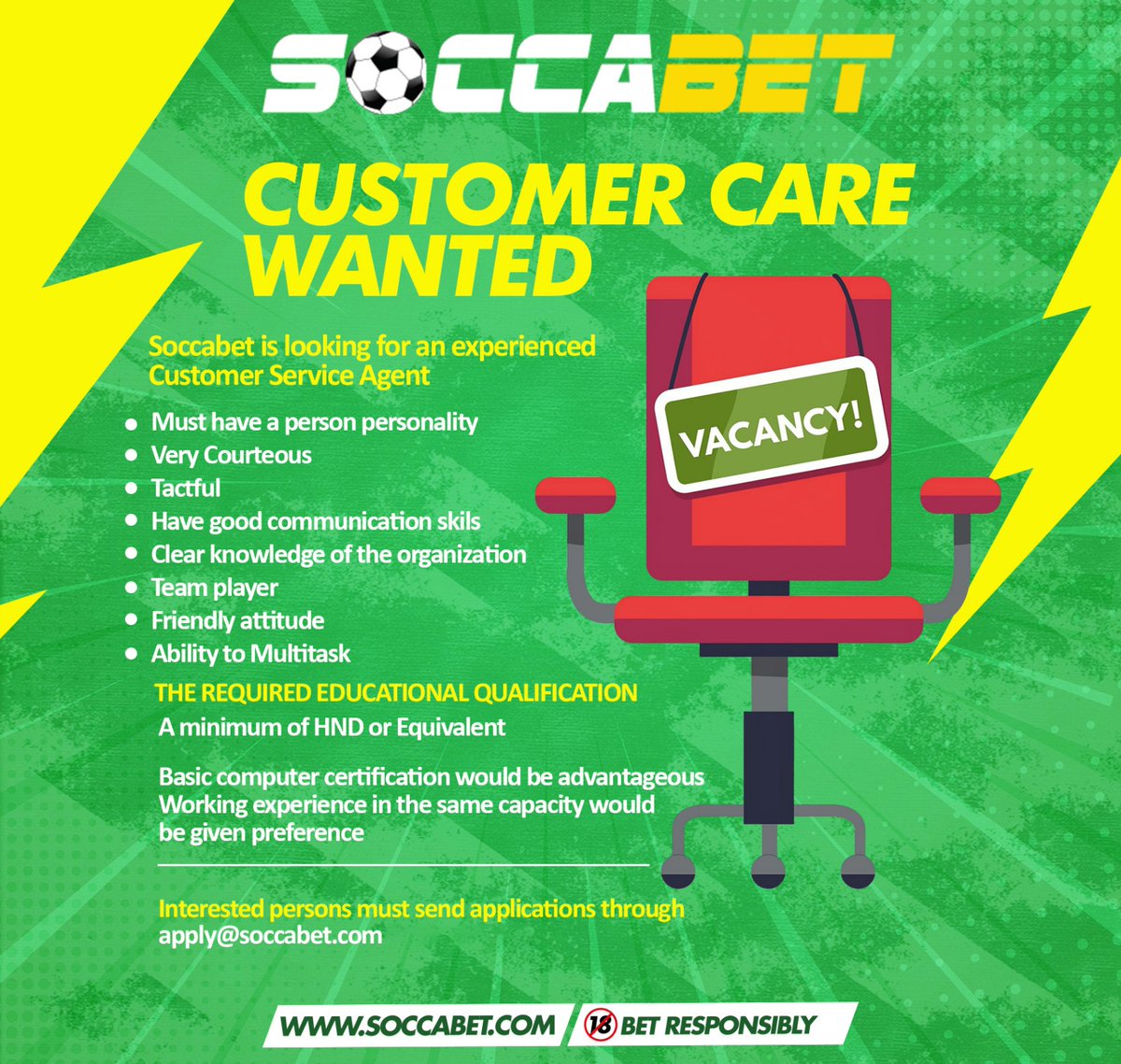soccabet's tweet image. We are hiring! Join our team as an in-house customer care agent. If you’re courteous, a great communicator and a team player with an HND or equivalent, send your applications to apply@soccabet.com. Applicants must reside within the heart of Accra.
#Jobopportunity