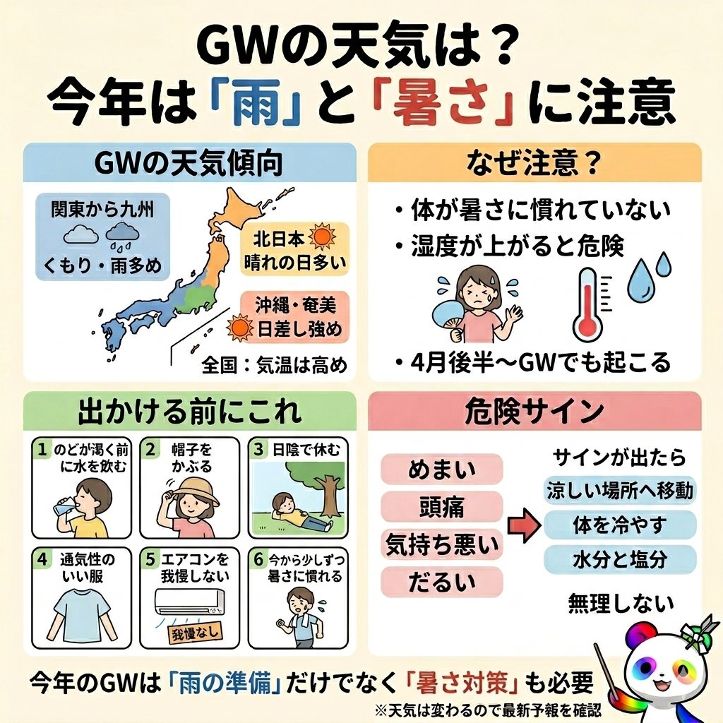 GWで気をつけるのは
雨だけじゃないです。

今年は
関東〜九州で
晴れっぱなしではないのに
気温は高め。

ここが落とし穴。

熱中症は
「カンカン照りの日だけ起きるもの」
ではないです。

湿度が高いと
汗がうまく乾かず
体に熱がこもりやすい。

しかも4月後半は
まだ体が暑さに慣れていない。