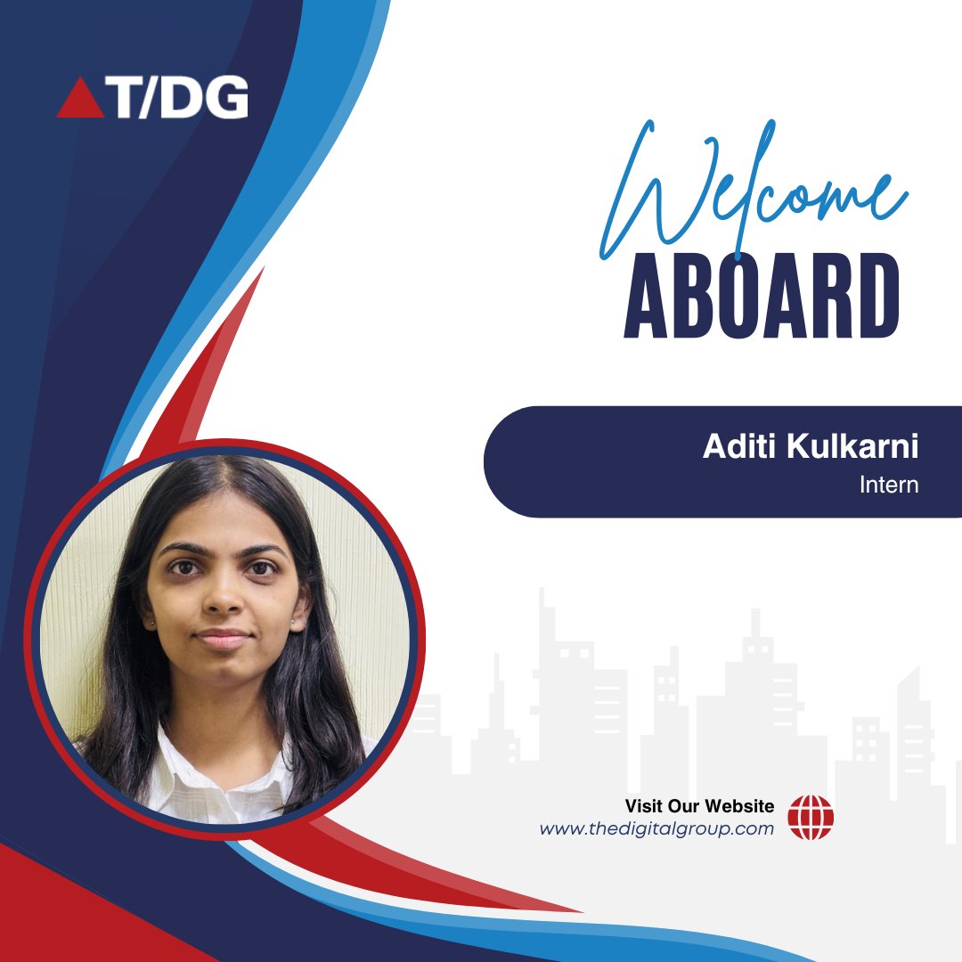 thedigtalgroup's tweet image. We would like to welcome Aditi Kulkarni to The Digital Group as a Intern! We look forward to her contributions and are excited to see her grow and excel in the role. Join us in giving her a warm welcome!
#TDG #Hiring #Intern #JobOpportunity #JoinUs