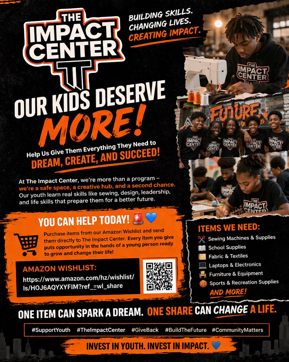 armonrashod's tweet photo. 🚨We’re building FUTURES, not just fashion. At The Impact Center kids learn real skills sewing, design, mentorship &amp; life skills. 🧵🪡
Help us keep this SAFE space alive by supporting our Amazon Wishlist. Every item goes directly to youth.📦
⬇️ Donate: https://t.co/vzzZRsrMDE https://t.co/RR6AuNDdwD